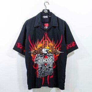 Dragonfly Motorcycle Eagle Flames AOP Short Sleeve Button Shirt XL Y2K Biker